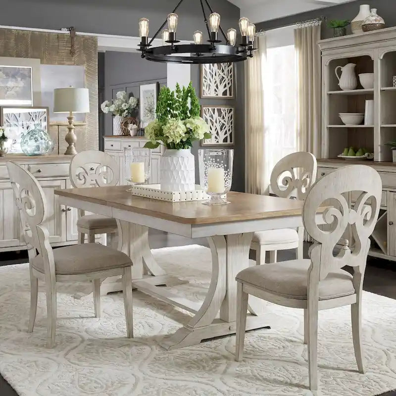 Farmhouse Reimagined Antique White with Chestnut Trestle Table
