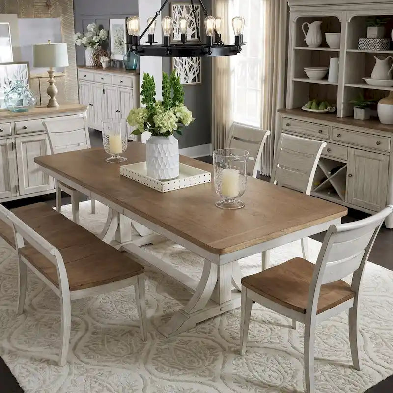 Antique White and Chestnut Trestle Dining Table