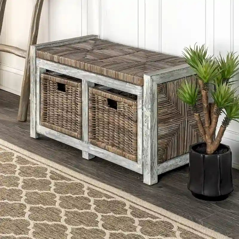 happimess Rustic 30 2 Drawer Wicker Storage Bench, Gray