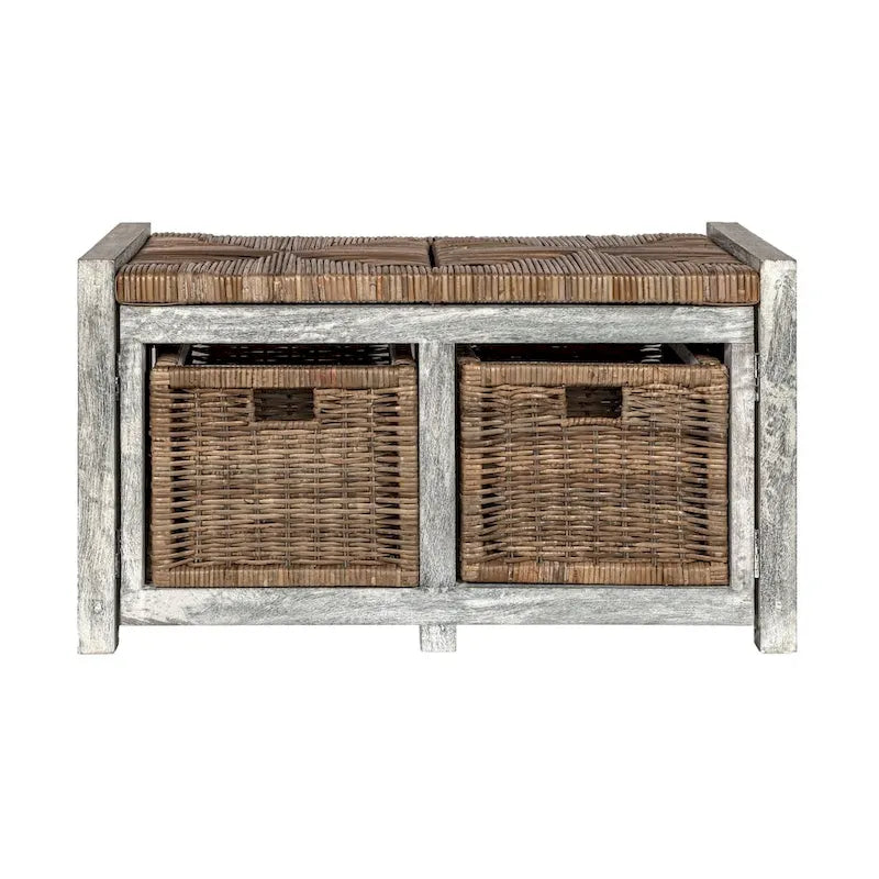 Gray Wicker Storage Bench with Two Baskets
