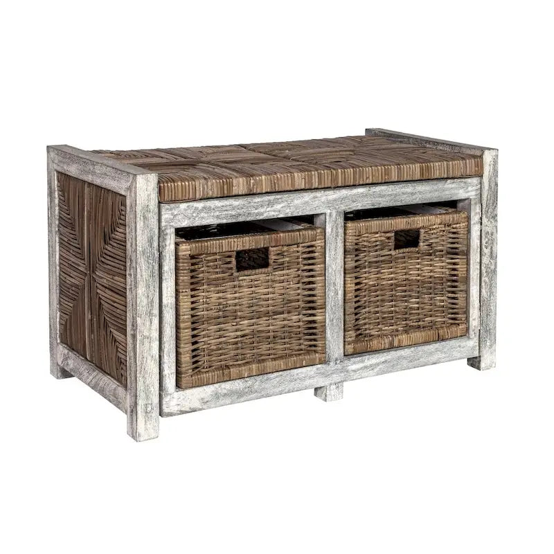 Gray Wicker Storage Bench with Two Baskets