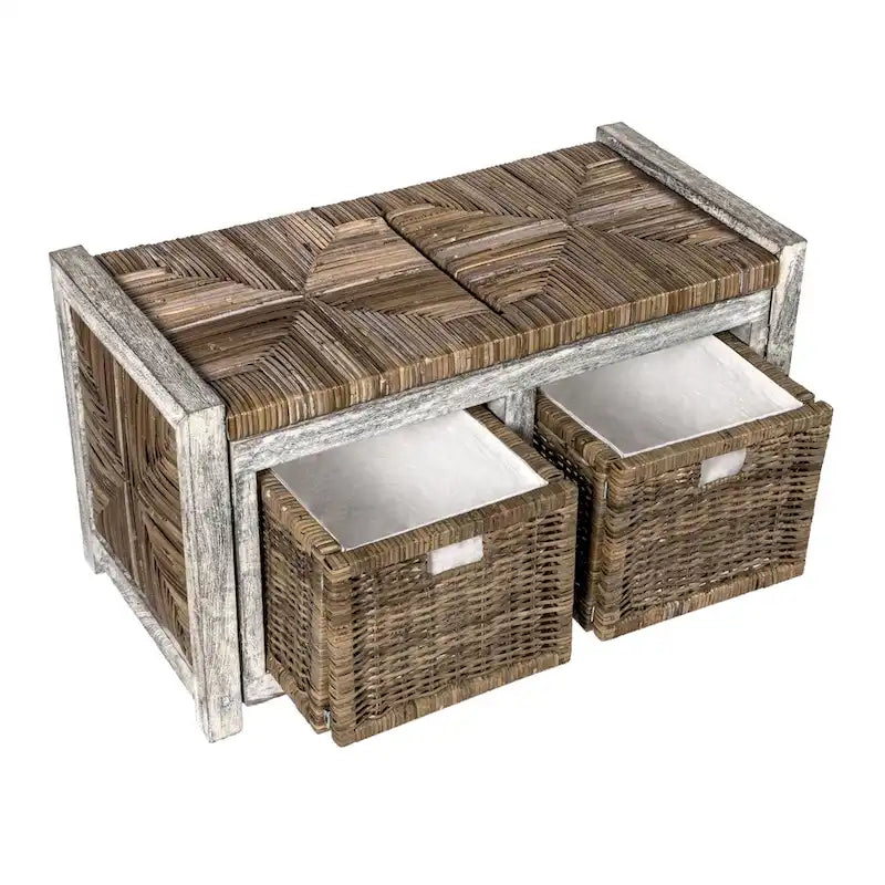Gray Wicker Storage Bench with Two Baskets