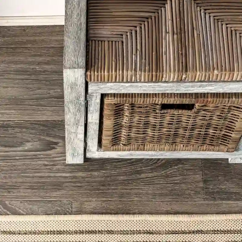 Gray Wicker Storage Bench with Two Baskets