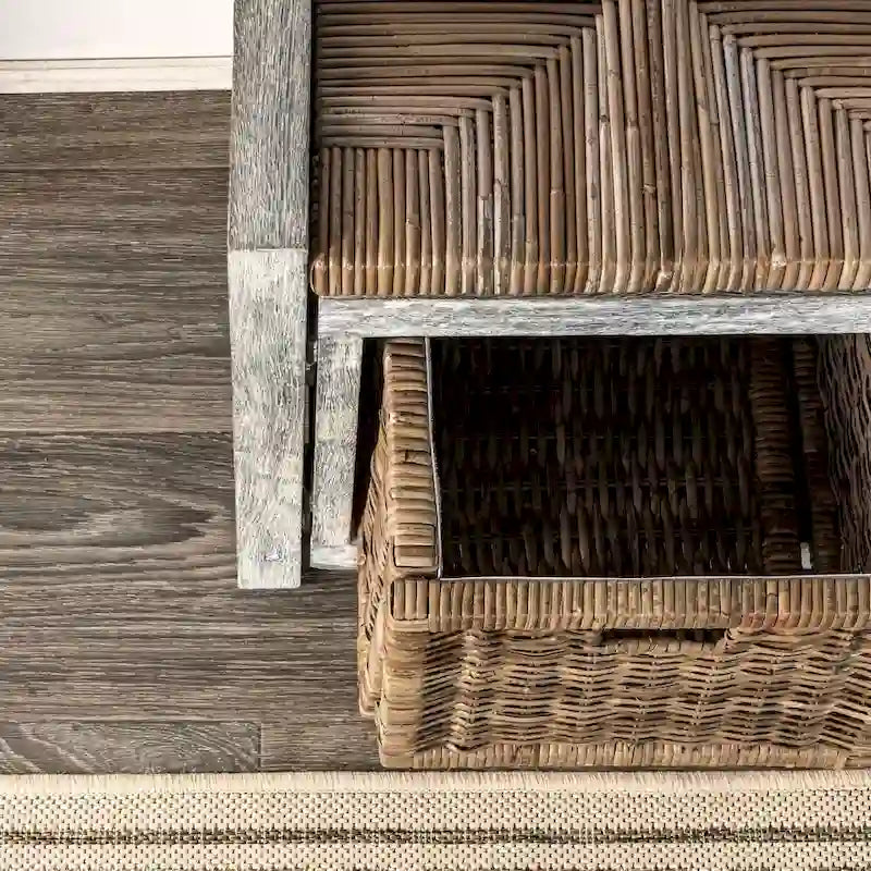 Gray Wicker Storage Bench with Two Baskets