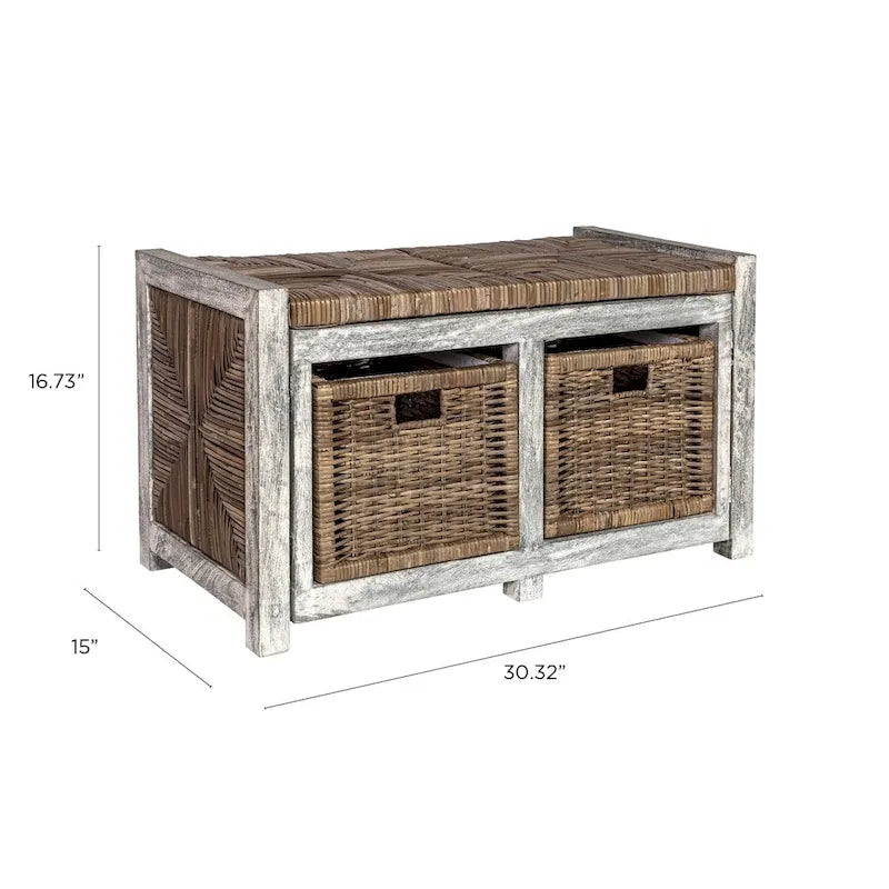 Gray Wicker Storage Bench with Two Baskets