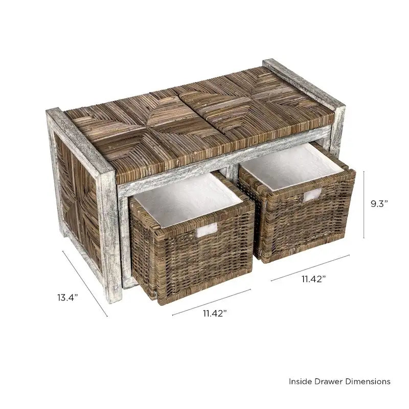 Gray Wicker Storage Bench with Two Baskets