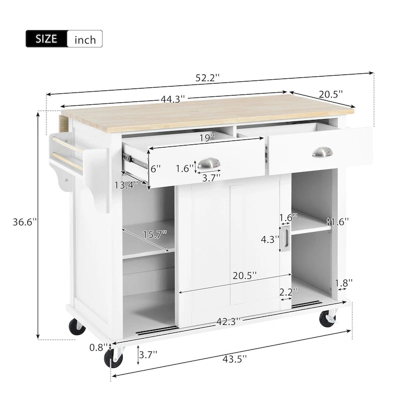 Kitchen Cart with Rubberwood Drop-Leaf Countertop and Sliding Barn Door