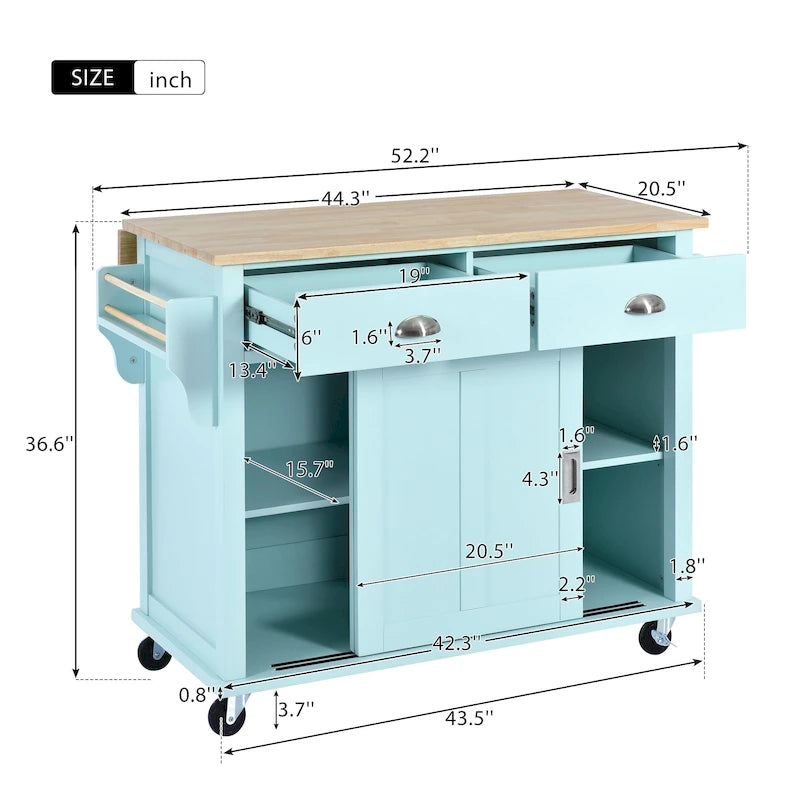 Kitchen Cart with Rubberwood Drop-Leaf Countertop and Sliding Barn Door