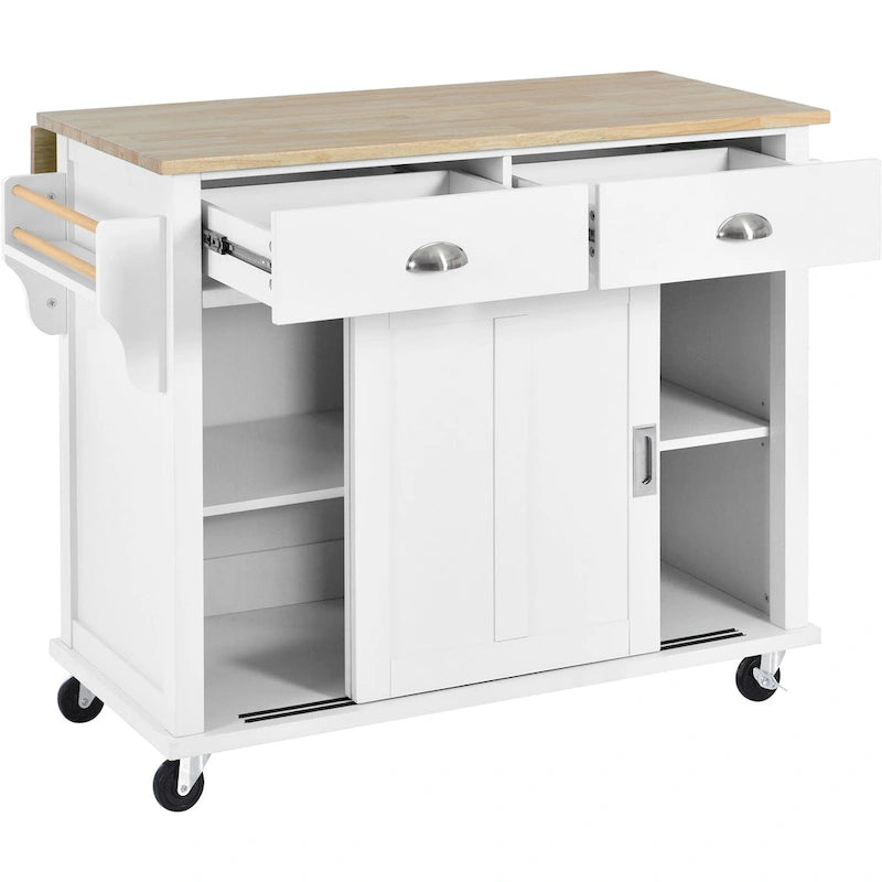 Kitchen Cart with Rubberwood Drop-Leaf Countertop and Sliding Barn Door