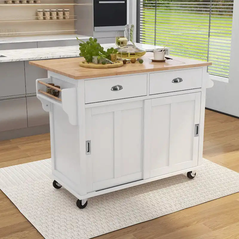 Kitchen Cart with Rubberwood Drop-Leaf Countertop and Sliding Barn Door