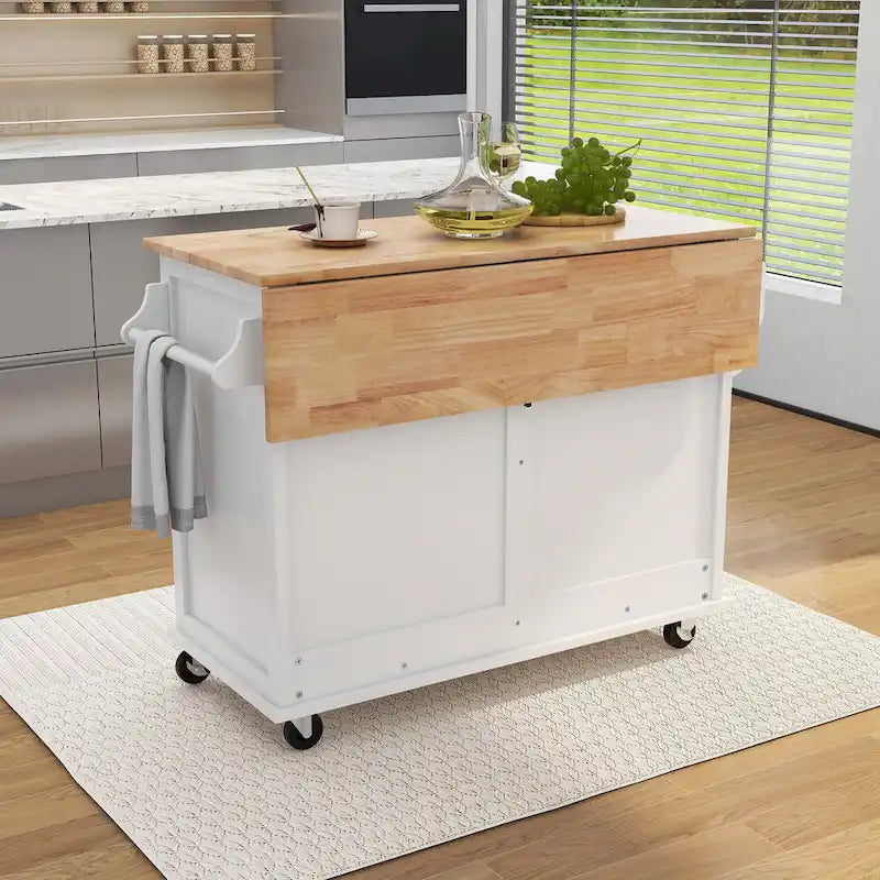 Kitchen Cart with Rubberwood Drop-Leaf Countertop and Sliding Barn Door