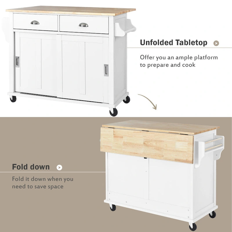 Kitchen Cart with Rubberwood Drop-Leaf Countertop and Sliding Barn Door