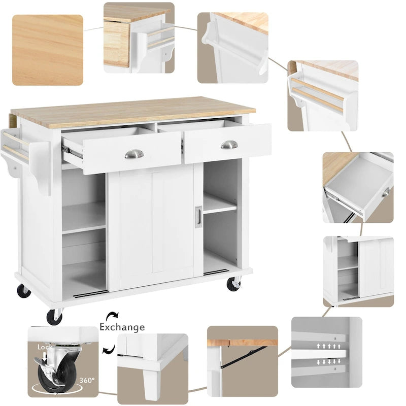 Kitchen Cart with Rubberwood Drop-Leaf Countertop and Sliding Barn Door