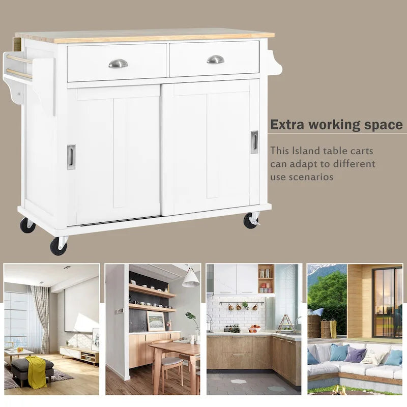 Kitchen Cart with Rubberwood Drop-Leaf Countertop and Sliding Barn Door
