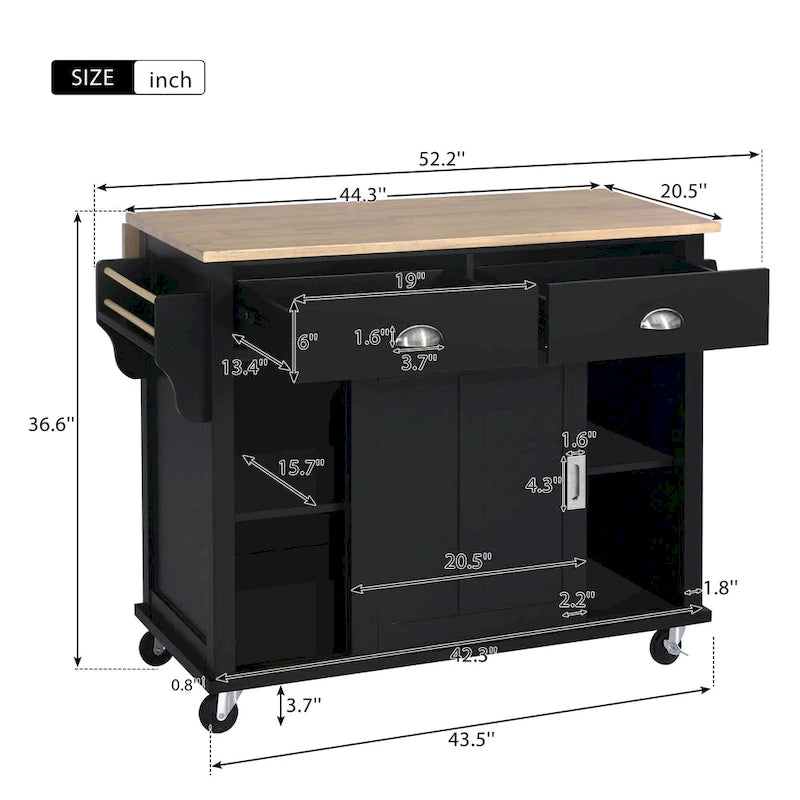 Kitchen Cart with Rubberwood Drop-Leaf Countertop and Sliding Barn Door