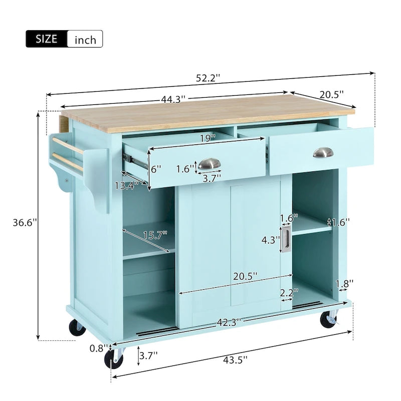 Kitchen Cart with Rubberwood Drop-Leaf Countertop and Sliding Barn Door