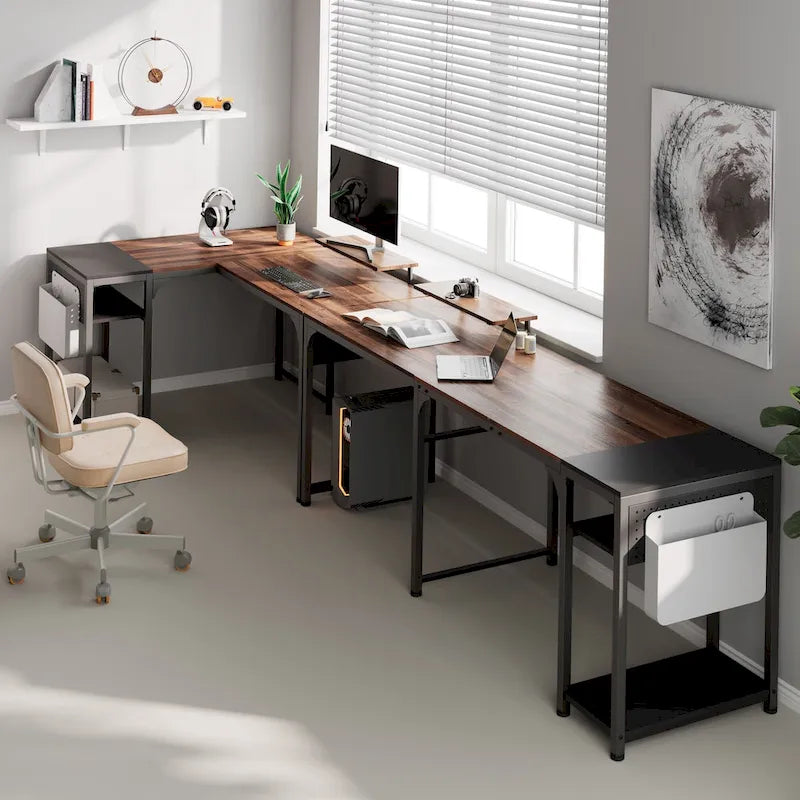 Reversible L-Shaped Computer Desk with Monitor Stand and Storage Shelves