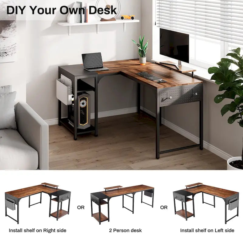 Reversible L-Shaped Computer Desk with Monitor Stand and Storage Shelves
