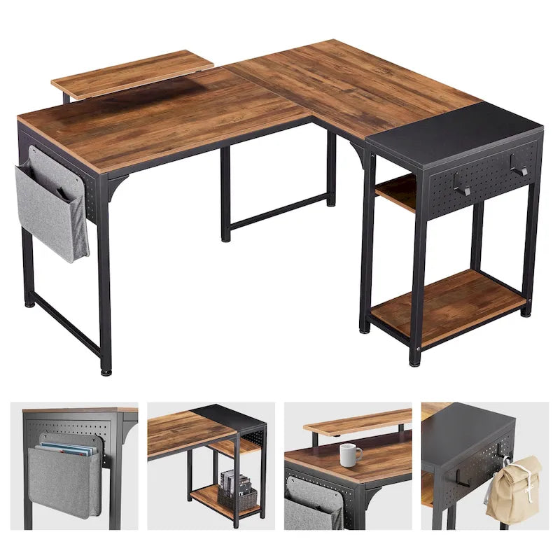 Reversible L-Shaped Computer Desk with Monitor Stand and Storage Shelves