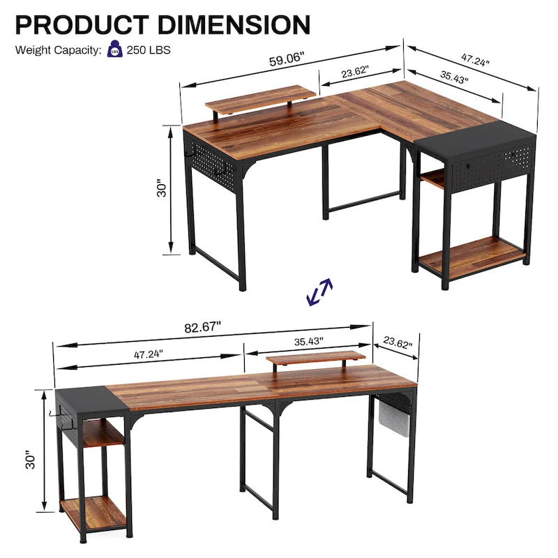 Reversible L-Shaped Computer Desk with Monitor Stand and Storage Shelves