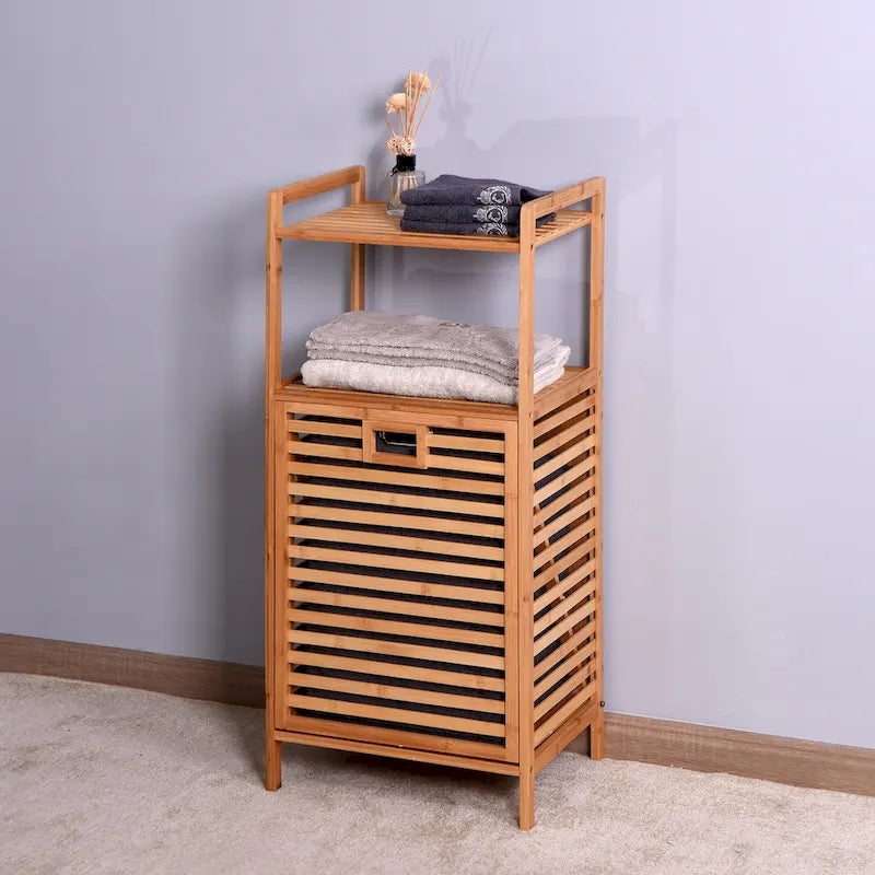 Brown Bamboo Bathroom Laundry Storage Cabinet with Two-Tier Shelf