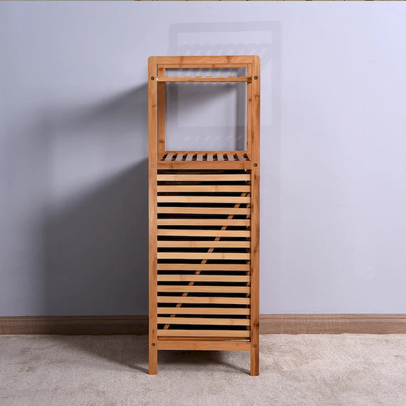 Brown Bamboo Bathroom Laundry Storage Cabinet with Two-Tier Shelf