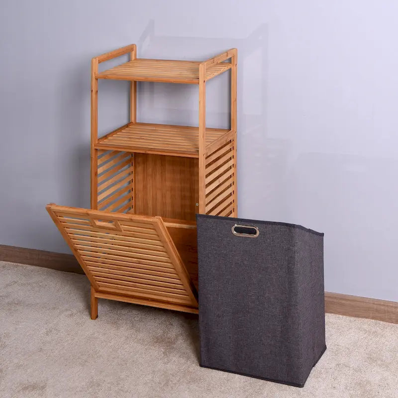 Brown Bamboo Bathroom Laundry Storage Cabinet with Two-Tier Shelf