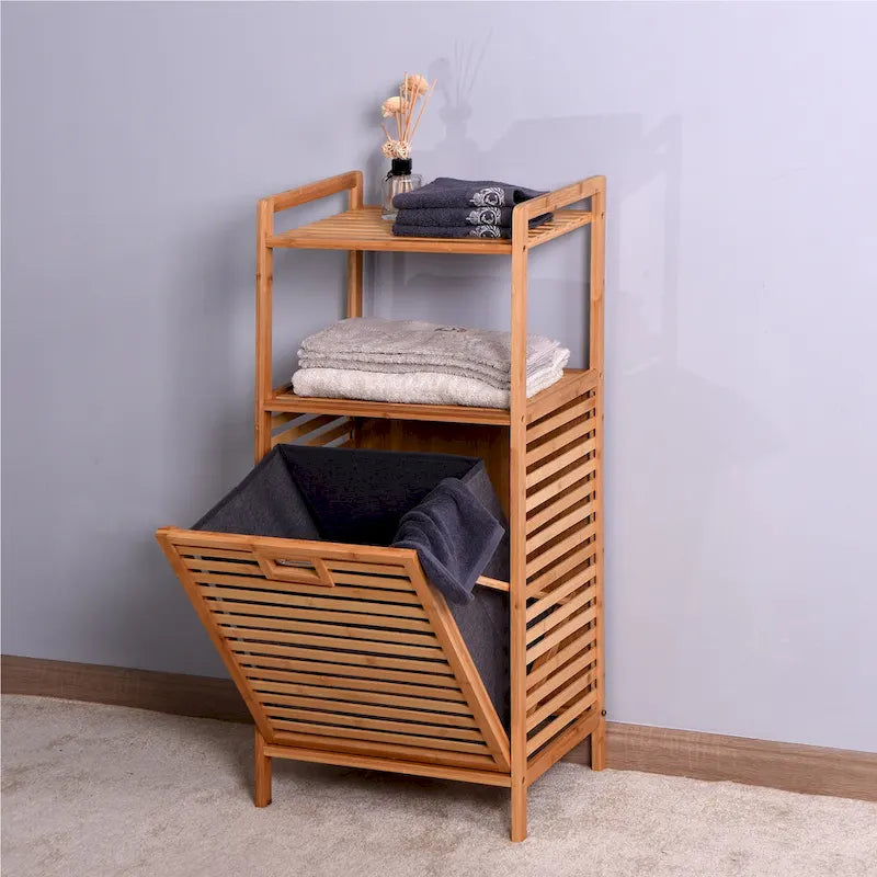 Brown Bamboo Bathroom Laundry Storage Cabinet with Two-Tier Shelf