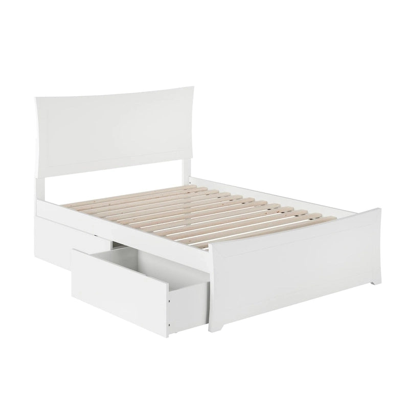 Full Platform Bed with Footboard and Two Storage Drawers in White