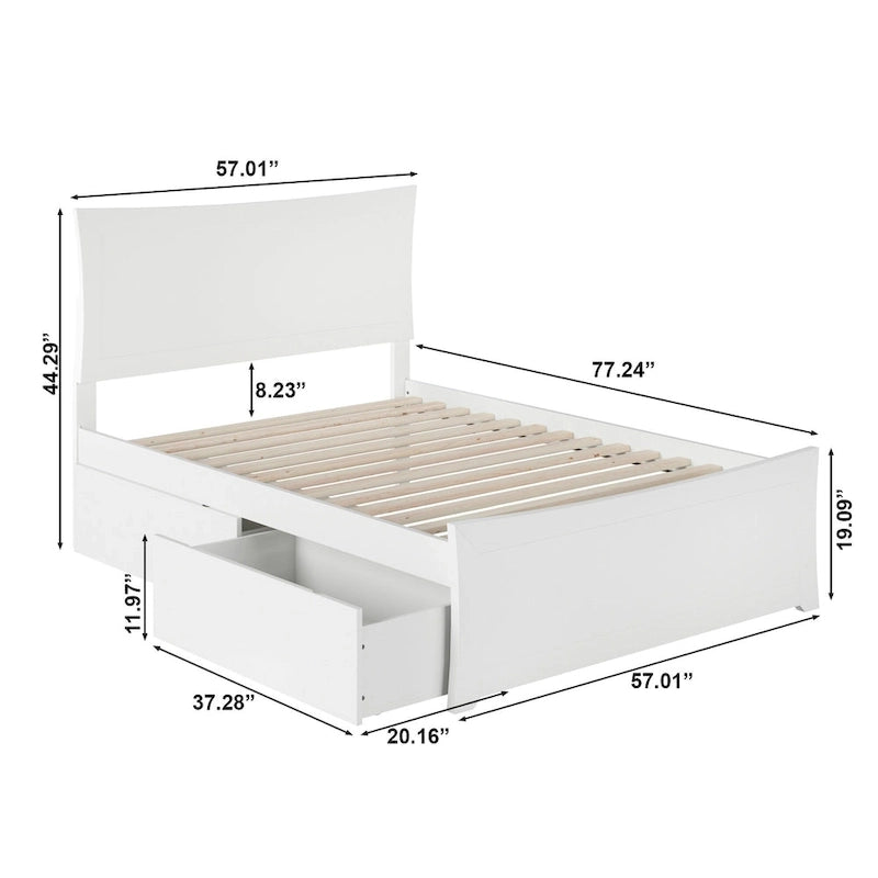 Full Platform Bed with Footboard and Two Storage Drawers in White
