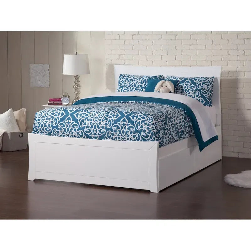 Full Platform Bed with Footboard and Two Storage Drawers in White