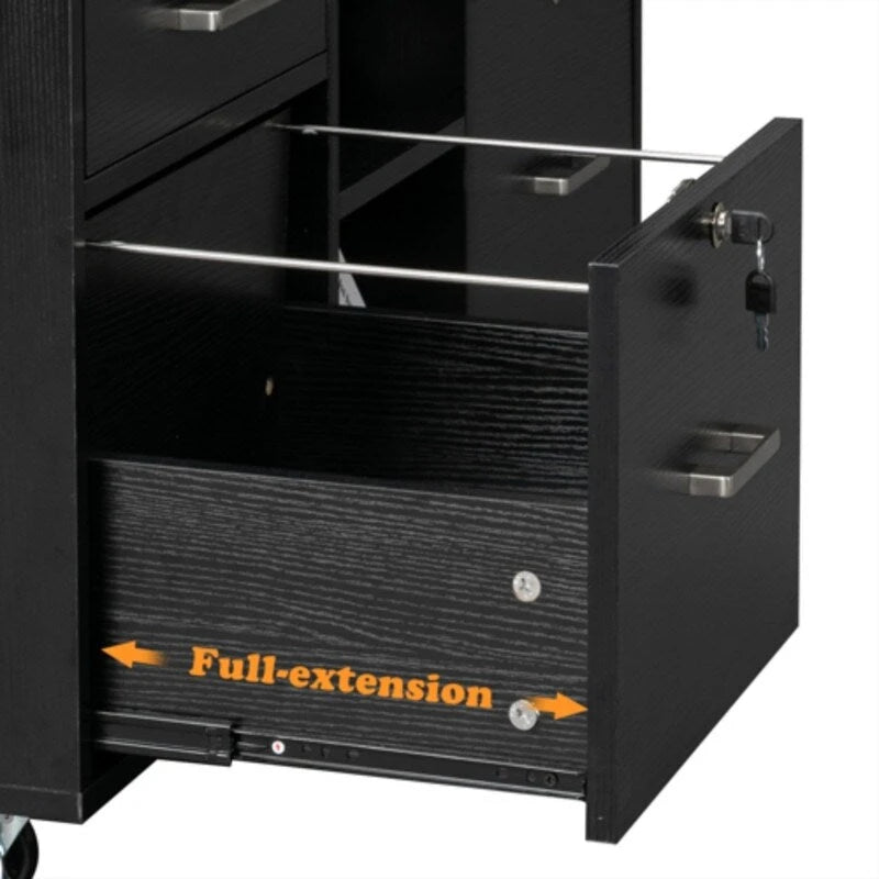 Black Wood-Grain Four-Drawer Rolling File Cabinet with Locks