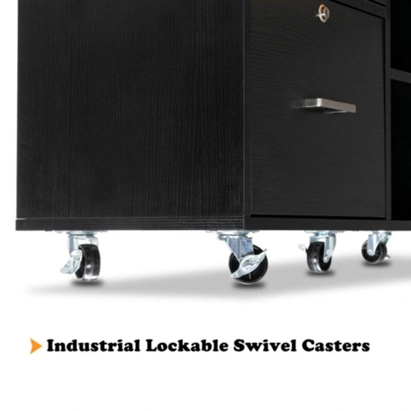 Black Wood-Grain Four-Drawer Rolling File Cabinet with Locks