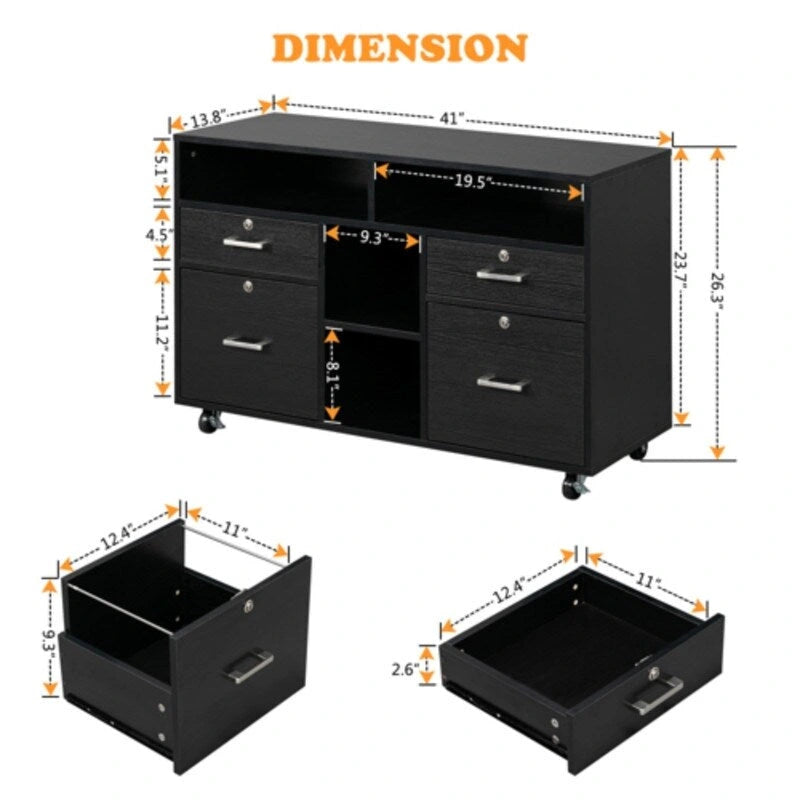 Black Wood-Grain Four-Drawer Rolling File Cabinet with Locks