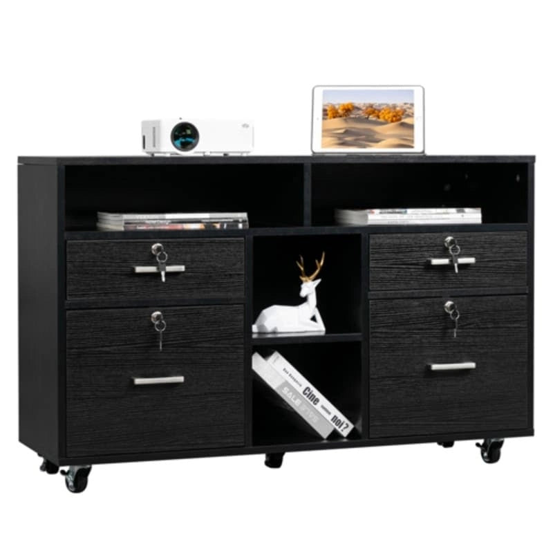 Black Wood-Grain Four-Drawer Rolling File Cabinet with Locks