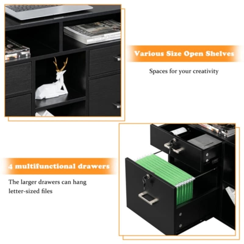 Black Wood-Grain Four-Drawer Rolling File Cabinet with Locks