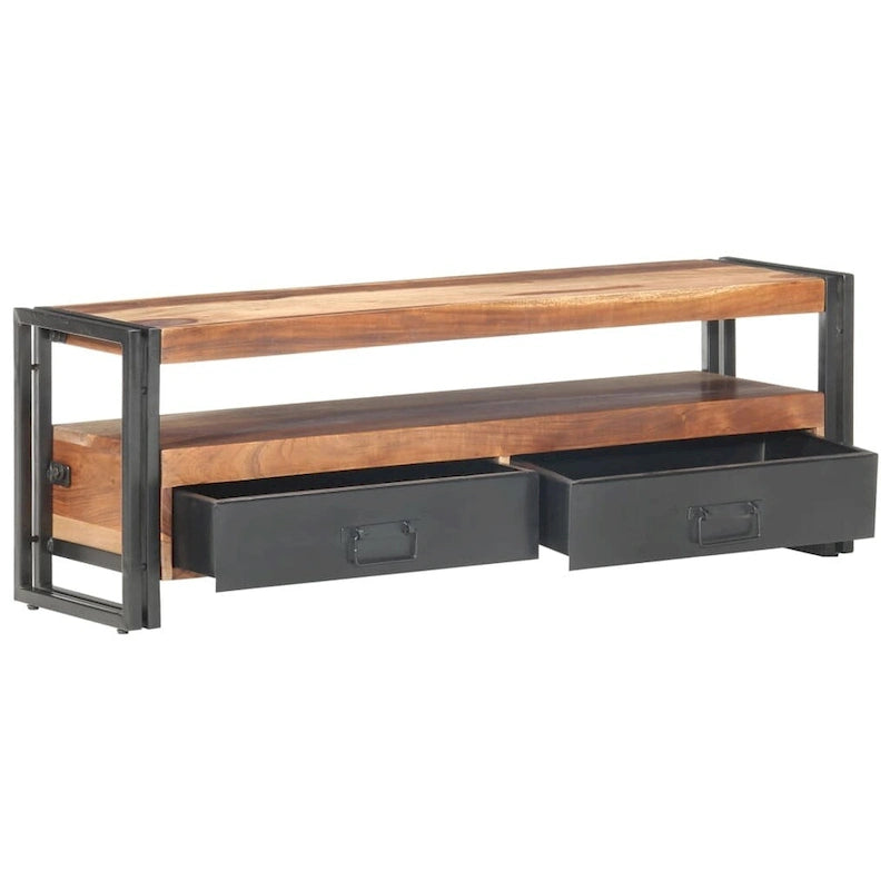 Solid Wood TV Stand with Two Drawers and Steel Frame