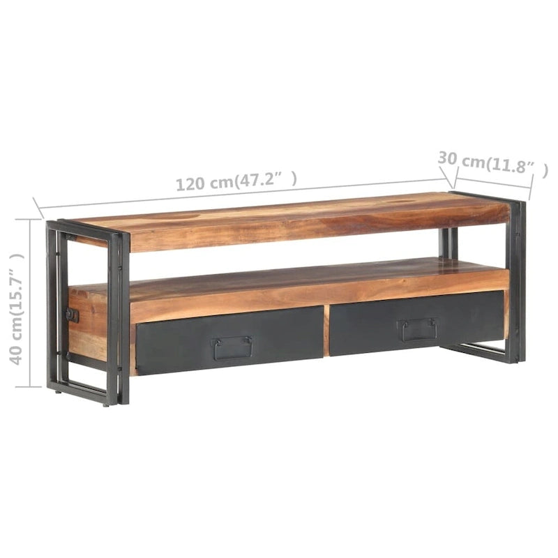 Solid Wood TV Stand with Two Drawers and Steel Frame