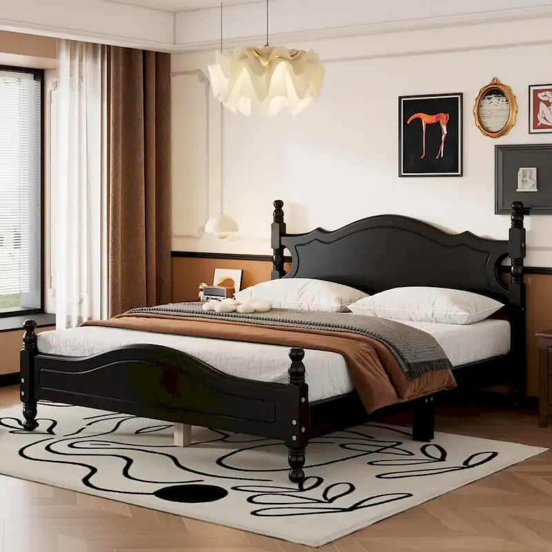 Retro Style Wooden Platform Bed Frame with Headboard