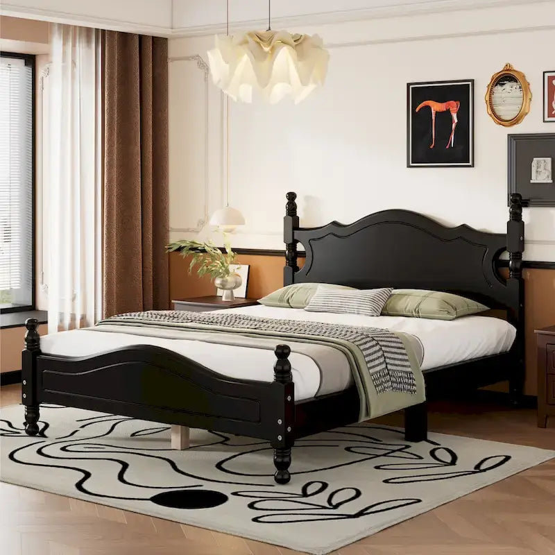 Retro Style Wooden Platform Bed Frame with Headboard