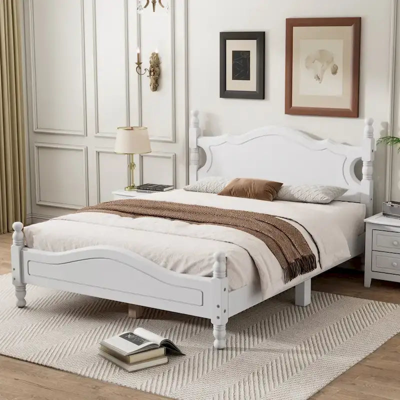 Retro Style Wooden Platform Bed Frame with Headboard