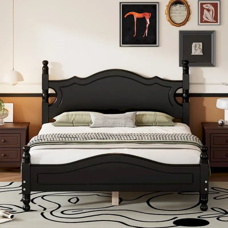 Retro Style Wooden Platform Bed Frame with Headboard