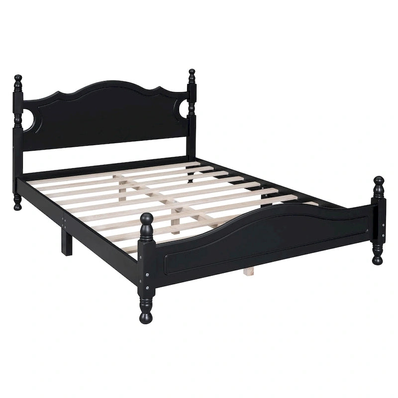 Retro Style Wooden Platform Bed Frame with Headboard