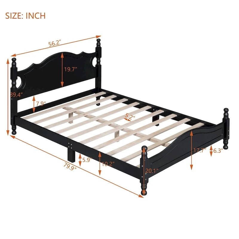 Retro Style Wooden Platform Bed Frame with Headboard
