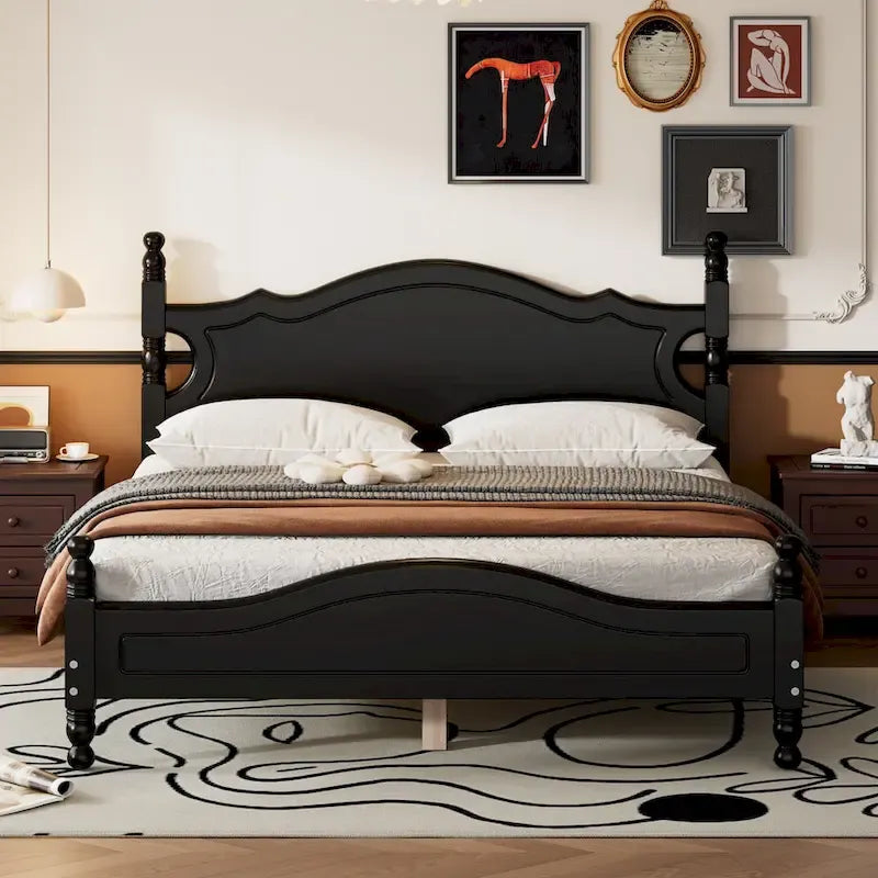 Retro Style Wooden Platform Bed Frame with Headboard