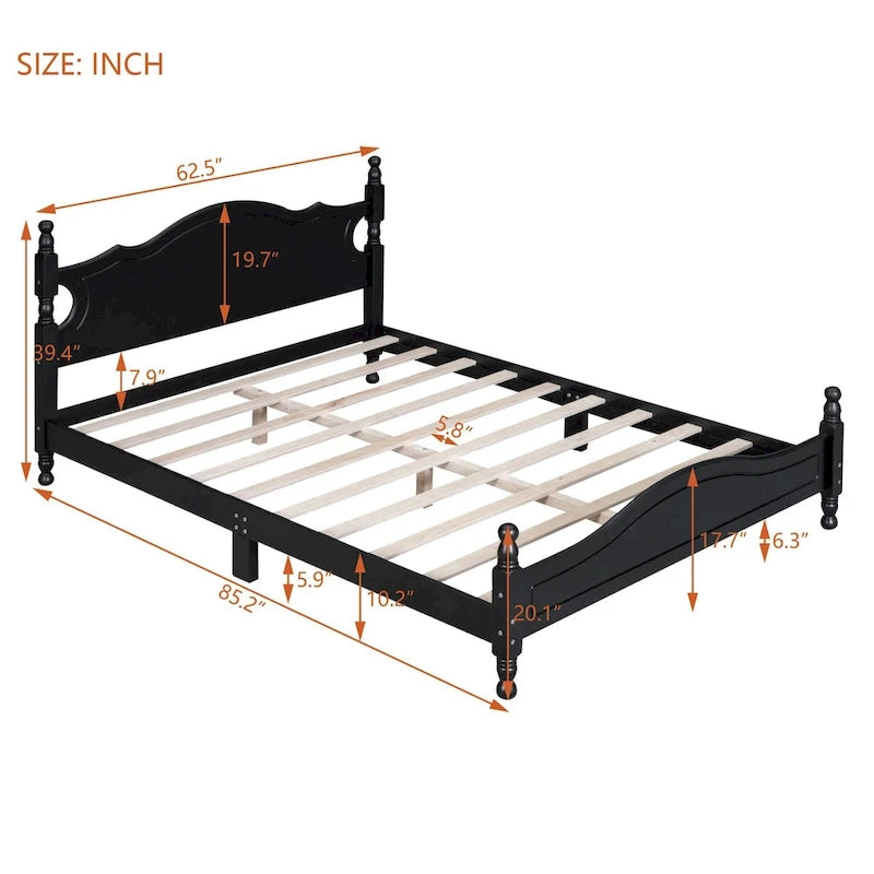 Retro Style Wooden Platform Bed Frame with Headboard
