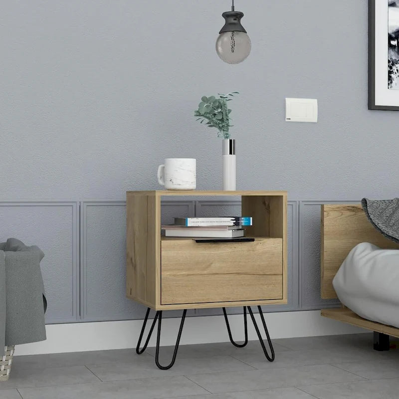 Black Nightstand with Open Shelf, Single-Door Cabinet and Hairpin Legs