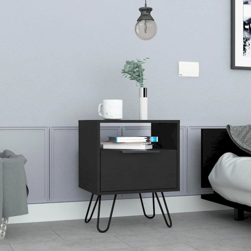 Black Nightstand with Open Shelf, Single-Door Cabinet and Hairpin Legs