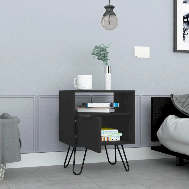 Black Nightstand with Open Shelf, Single-Door Cabinet and Hairpin Legs