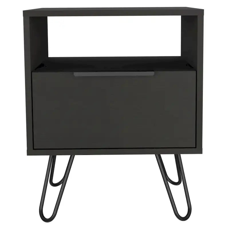Black Nightstand with Open Shelf, Single-Door Cabinet and Hairpin Legs